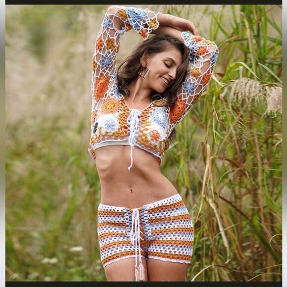 Crochet Swim Set in Orange and White - Picture 1 of 10